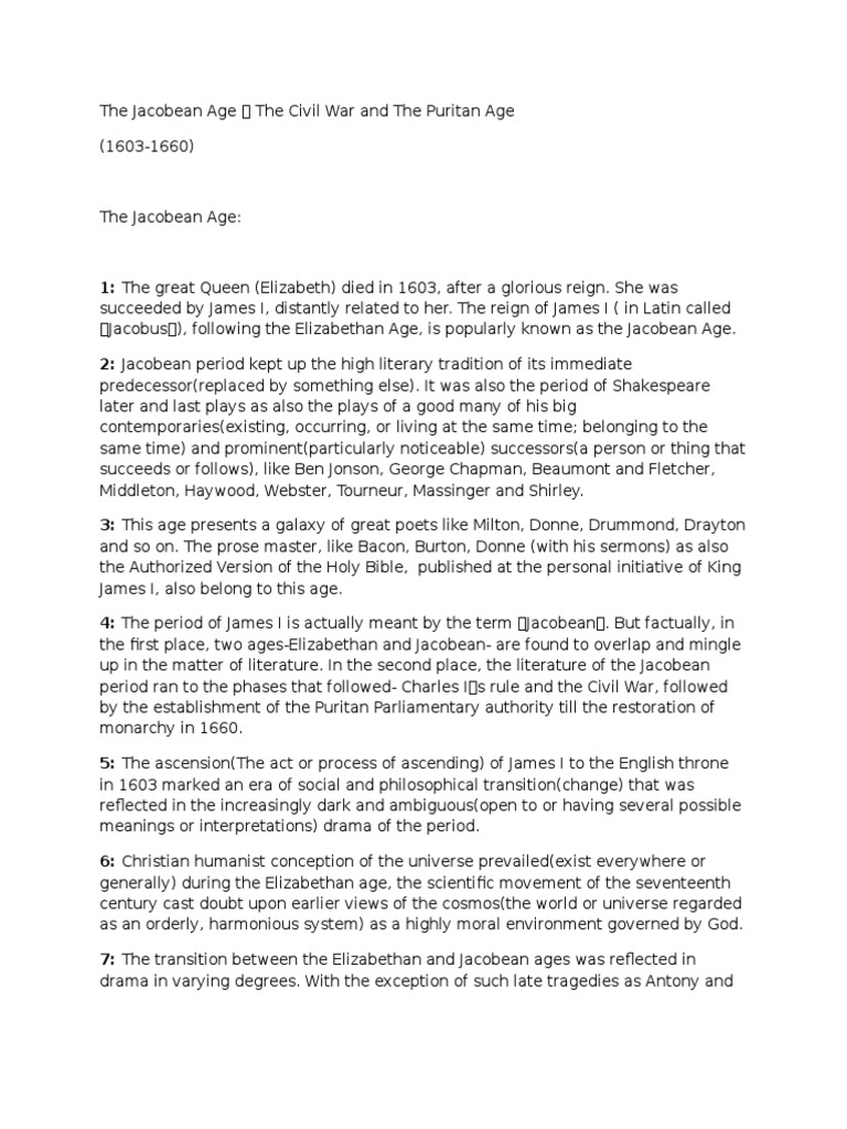 The Jacobean Age Bullets PDF English Literature James Vi And I