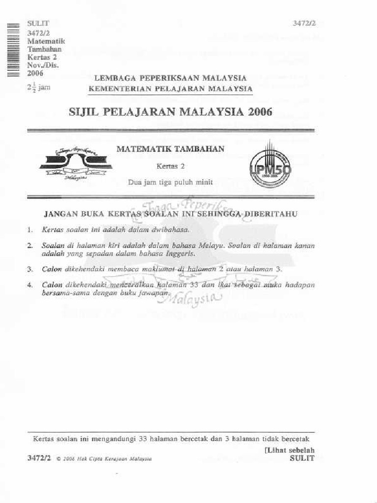 Spm Past Year 2006 Matematik Tambahan Paper 2 Pdf