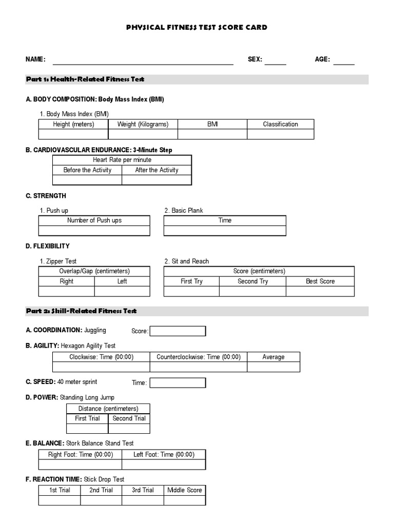 Physical fitness test scorecard deals