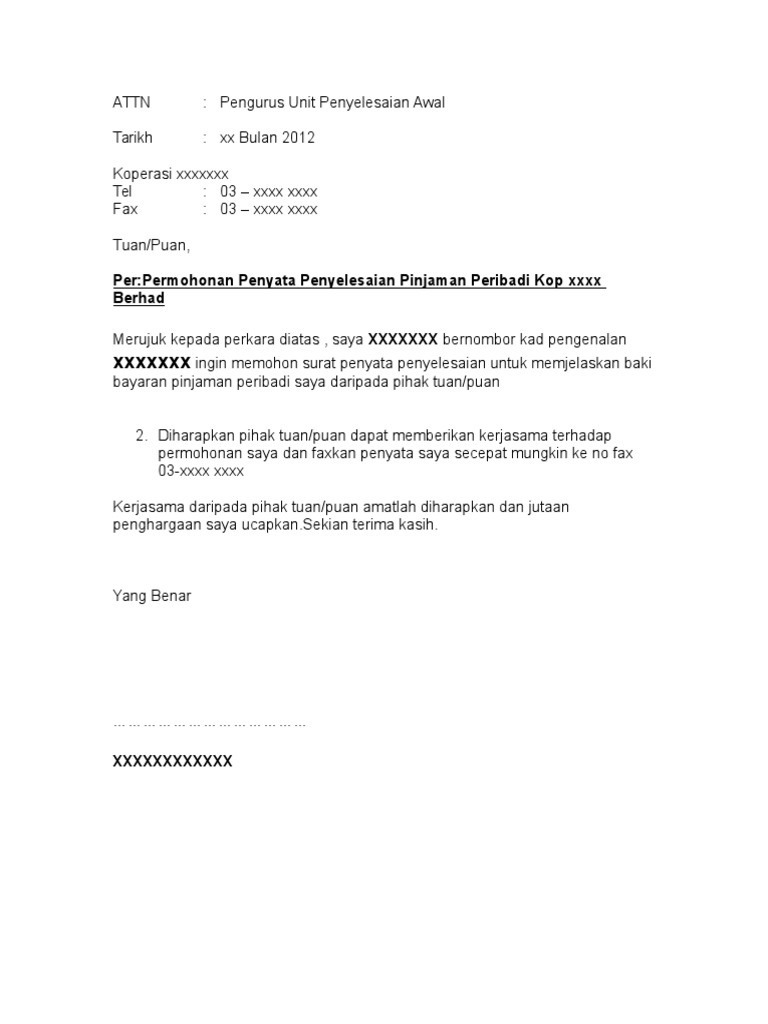 Contoh Surat Mohon Penyata Penyelesaian Loan