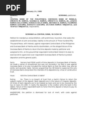 Serrano Vs Central Bank And De Los Santos V Tan Khey Inn Hotel