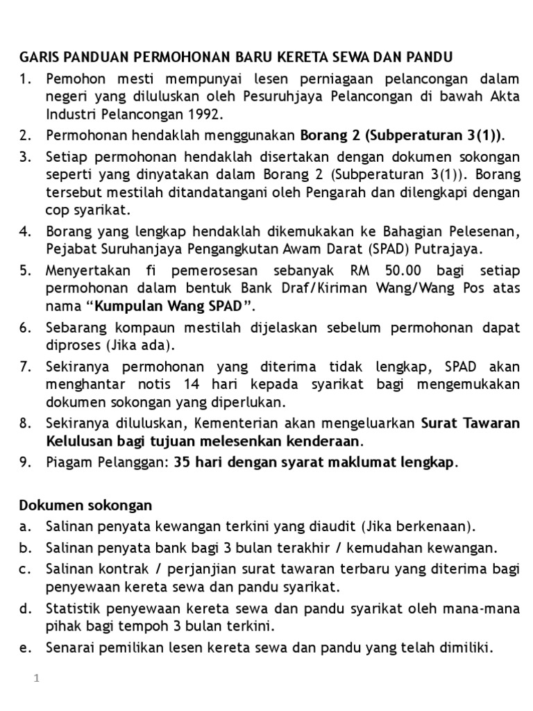 Garis Panduan Permohonan Baru Kereta Sewa Dan Pandu