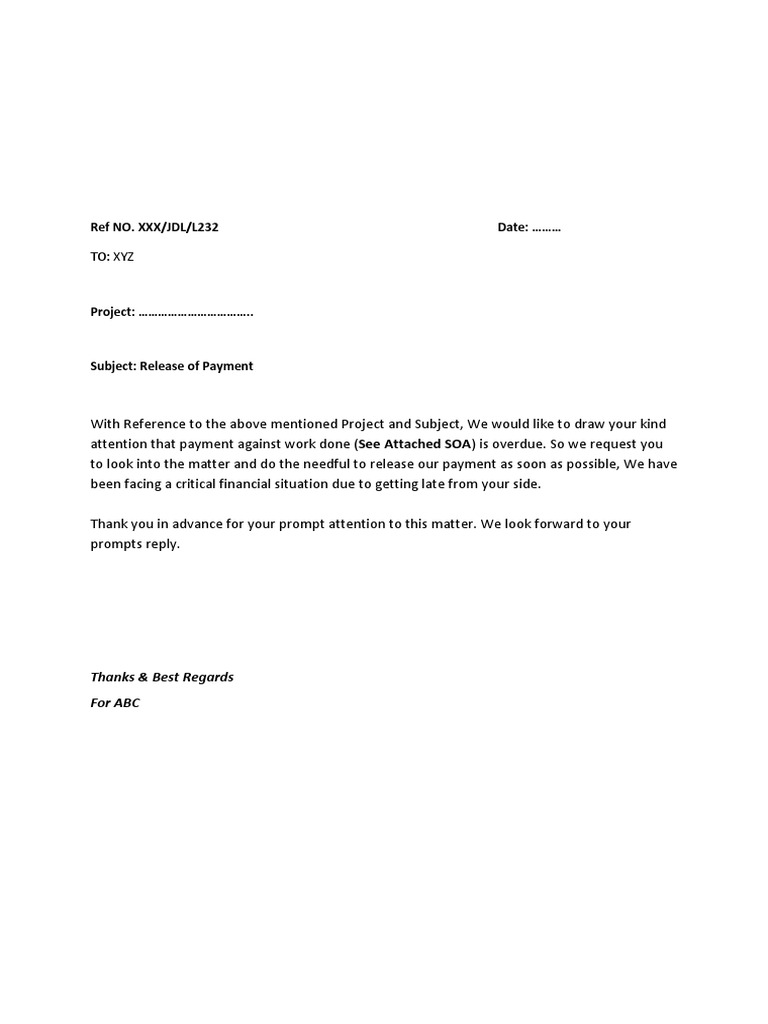 Release of Payment Letter Format