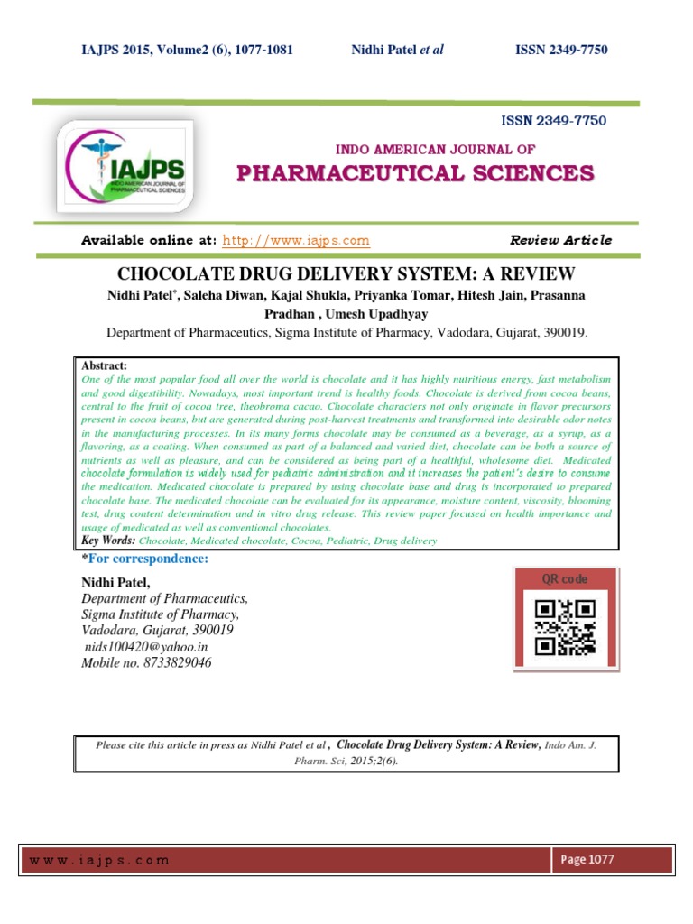 CHOCOLATE DRUG DELIVERY SYSTEM A REVIEW Nidhi Patel, Saleha Diwan