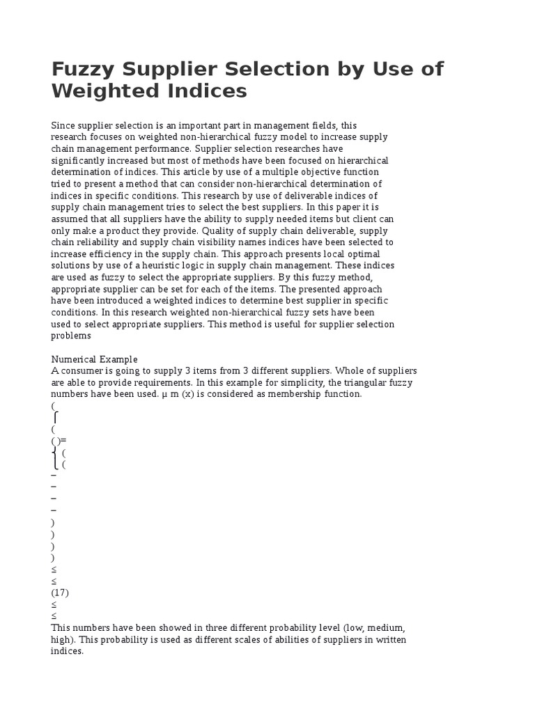Supplier Selection Fuzzy Logic | PDF | Business | Computers