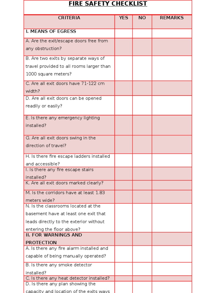Checklist For Fire Safety