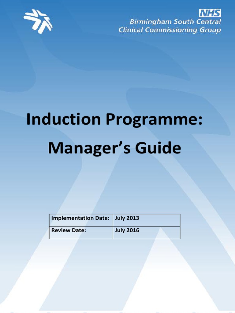 Induction Programme Manager's Guide Employment Occupational Safety