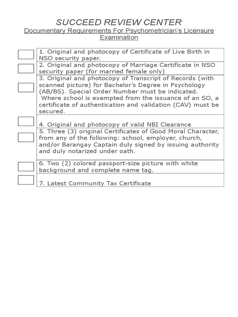 Succeed Review Center Documentary Requirements For Psychometrician's