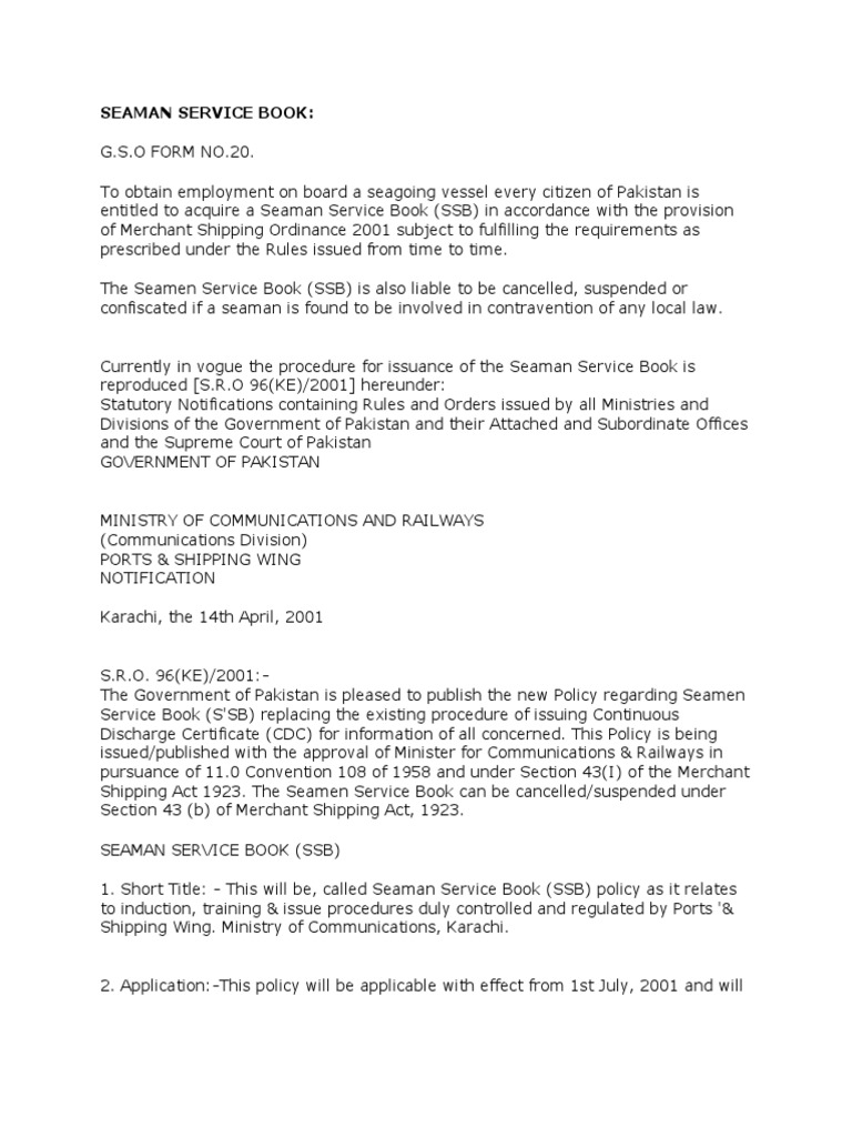 Seaman Service Book Pakistan (Page 6) | Water Transport | Shipping