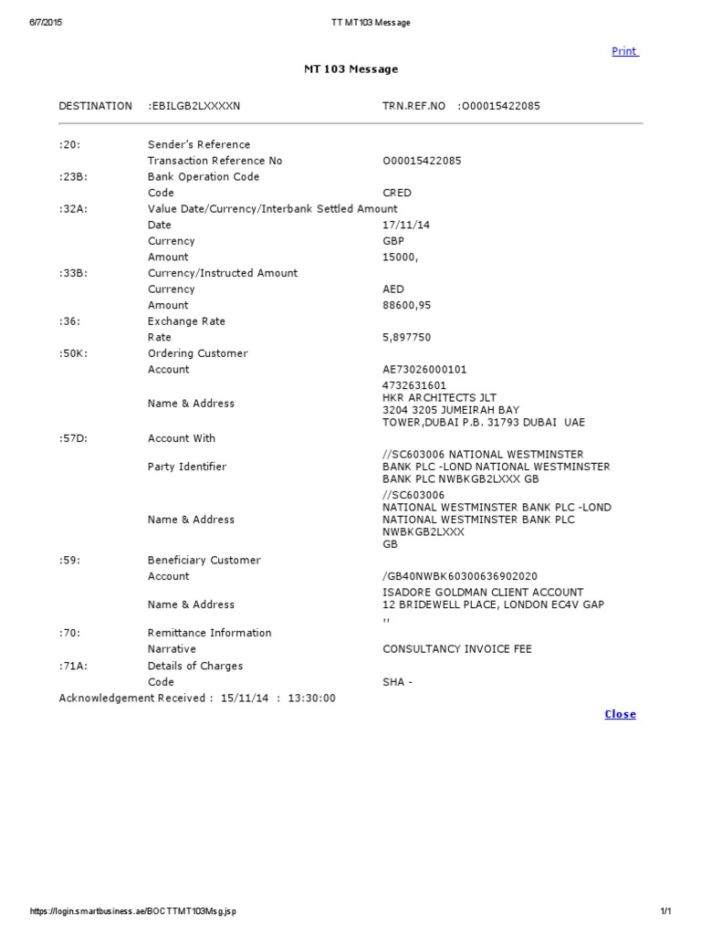 TT Mt103 Message - GBP 15,000 | PDF