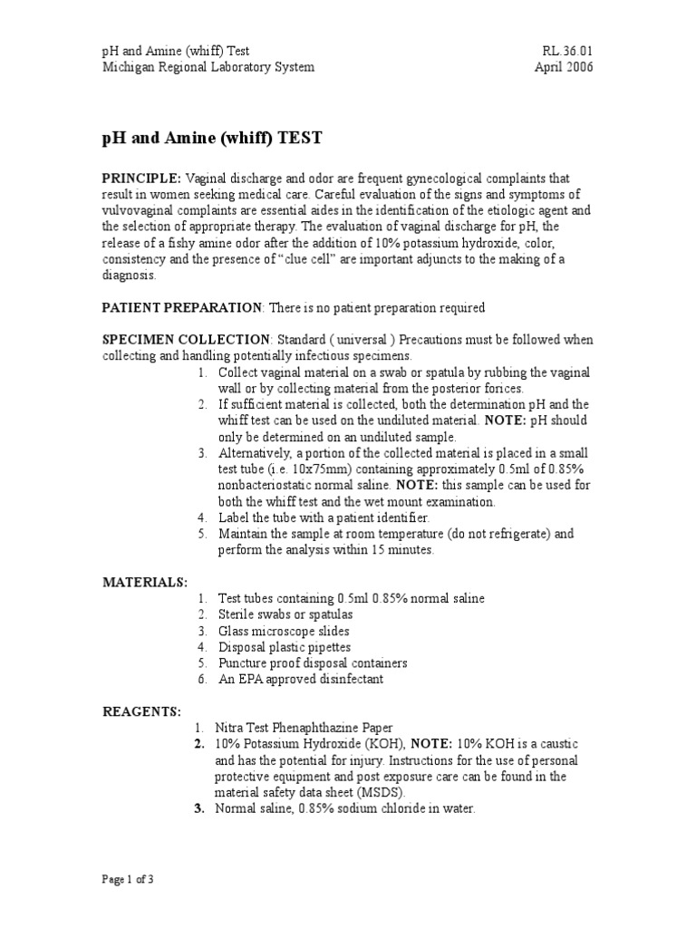 pH and Amine Whiff Test Procedure | PDF | Medical Specialties | Medicine