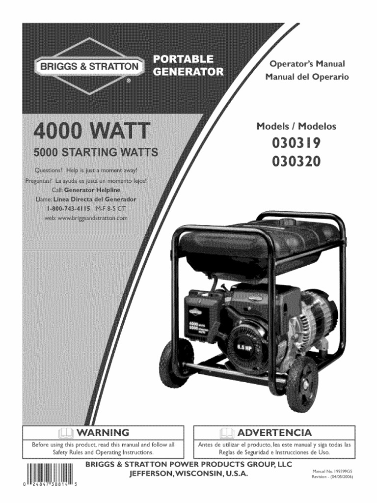 Briggs & Stratton 030319030320 4000W Generator PDF Carburetor Ac