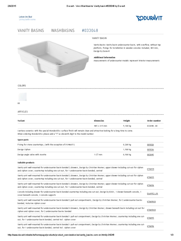 Duravit Vero Basin #033048 Overview | PDF | Countertop | Building ...