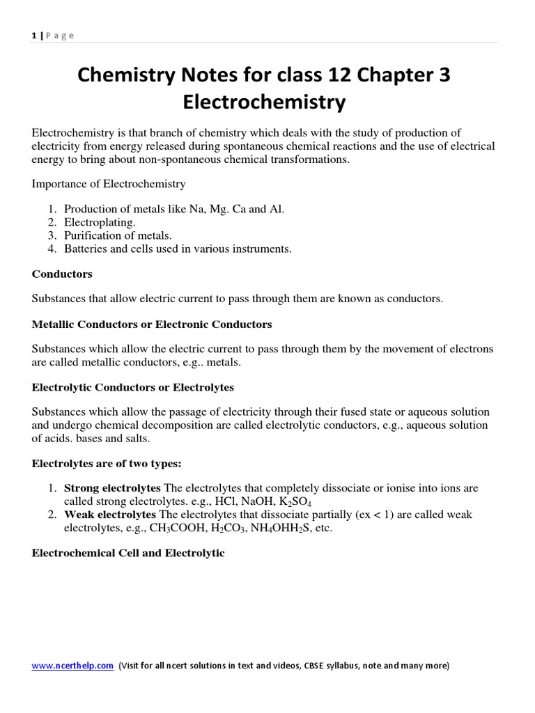 Chemistry Notes For Class 12 Chapter 3 Electrochemistry | PDF ...