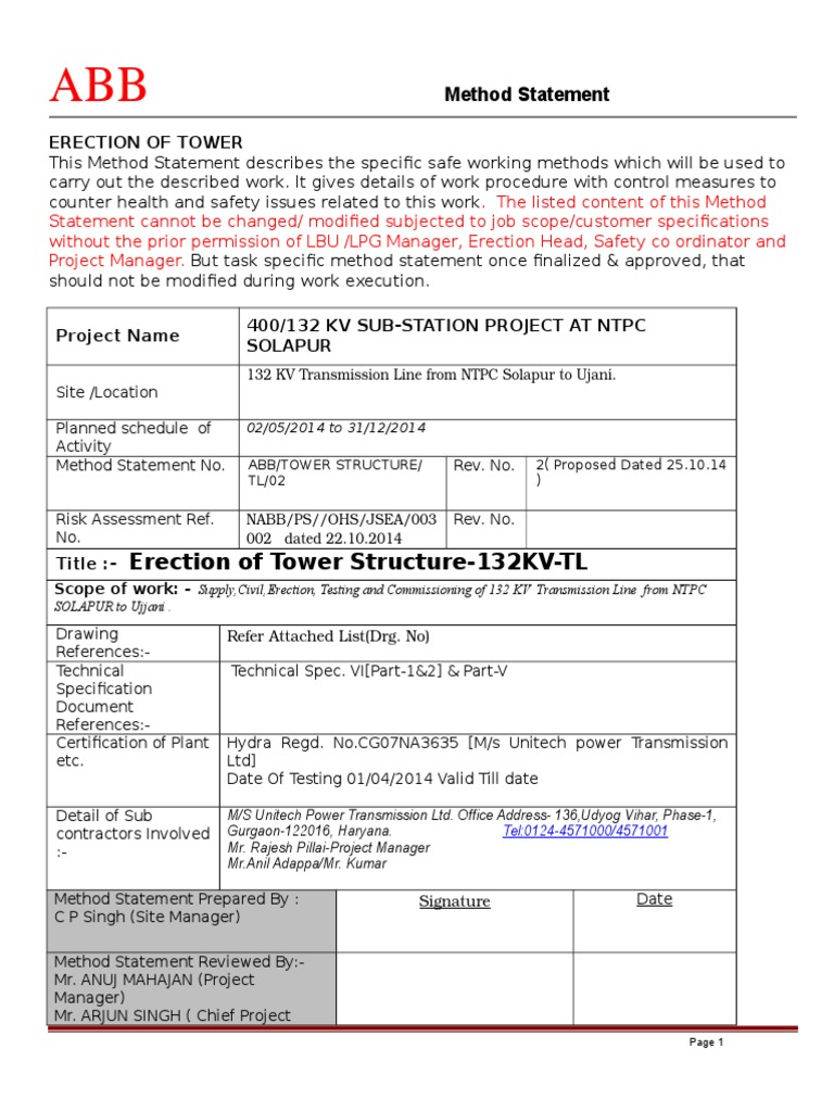 Tower Erection Method Statement | PDF | Crane (Machine) | Emergency
