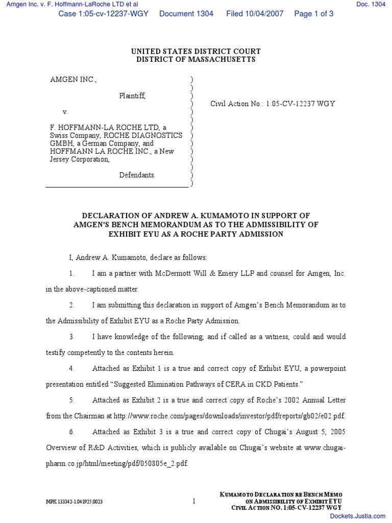 Amgen Inc V F Hoffmann Laroche Ltd Et Al Document No 1304