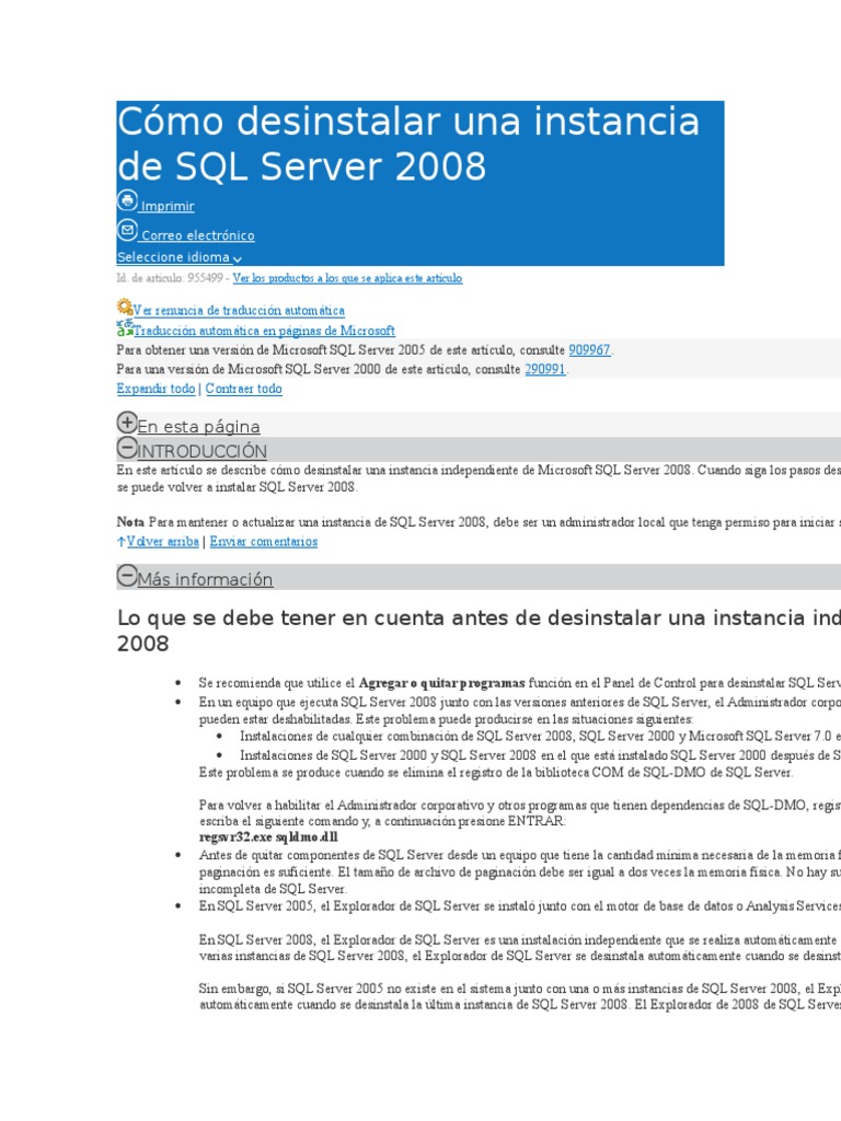 Cómo Desinstalar Una Instancia de SQL Server 2008 | PDF | Servidor SQL ...