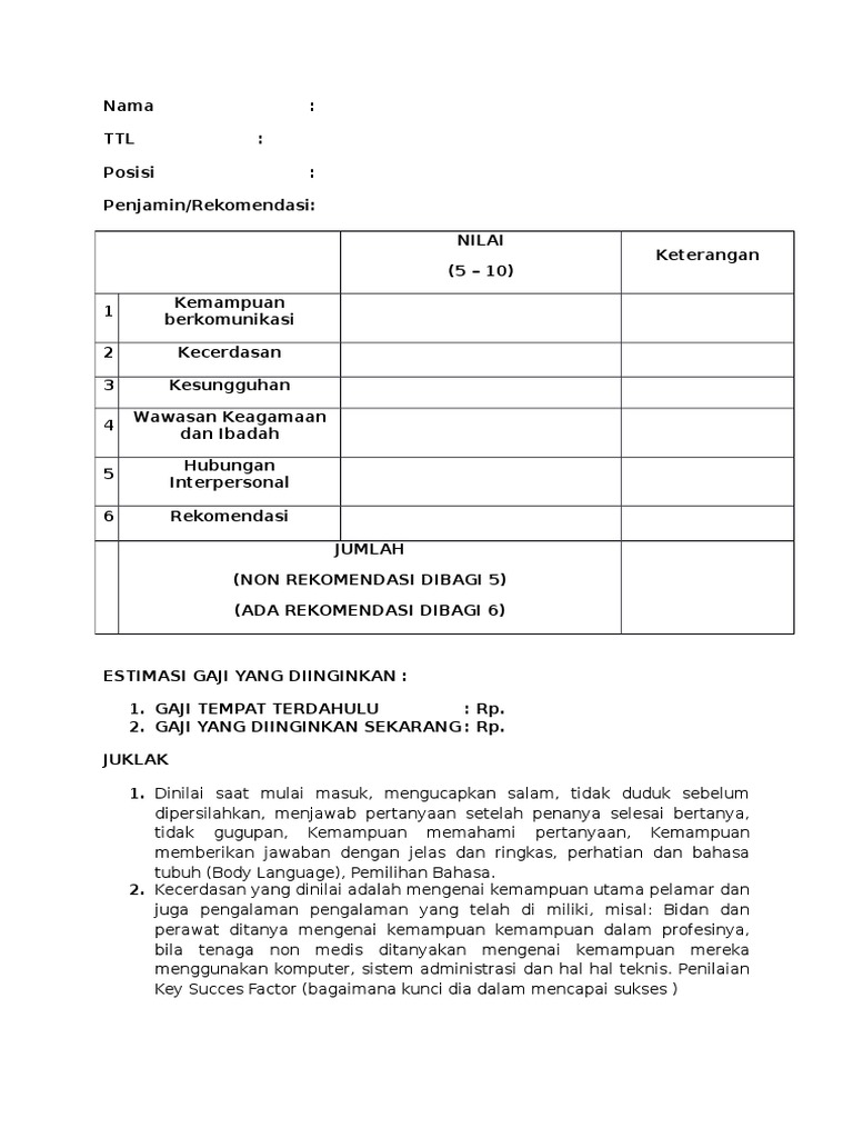 Format Penilaian Interview Osis Guru Paud