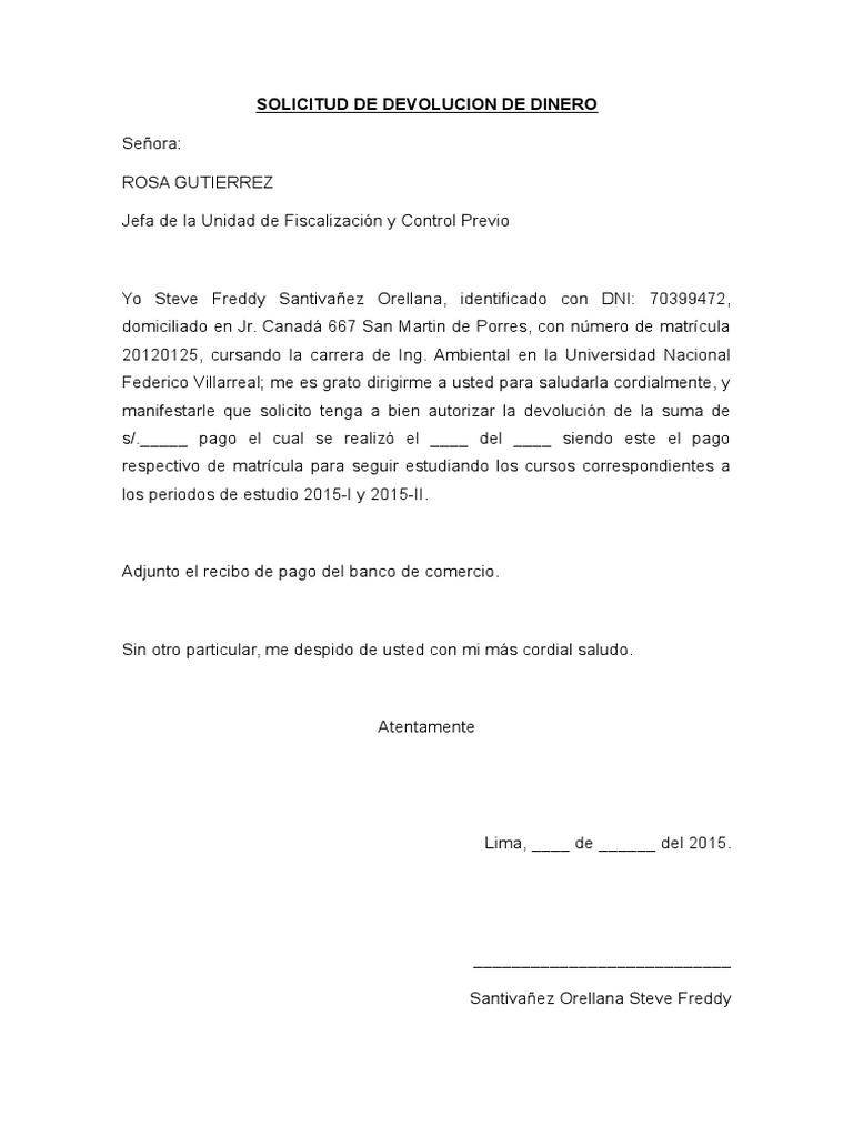 Solicitud de Devolucion de Dinero