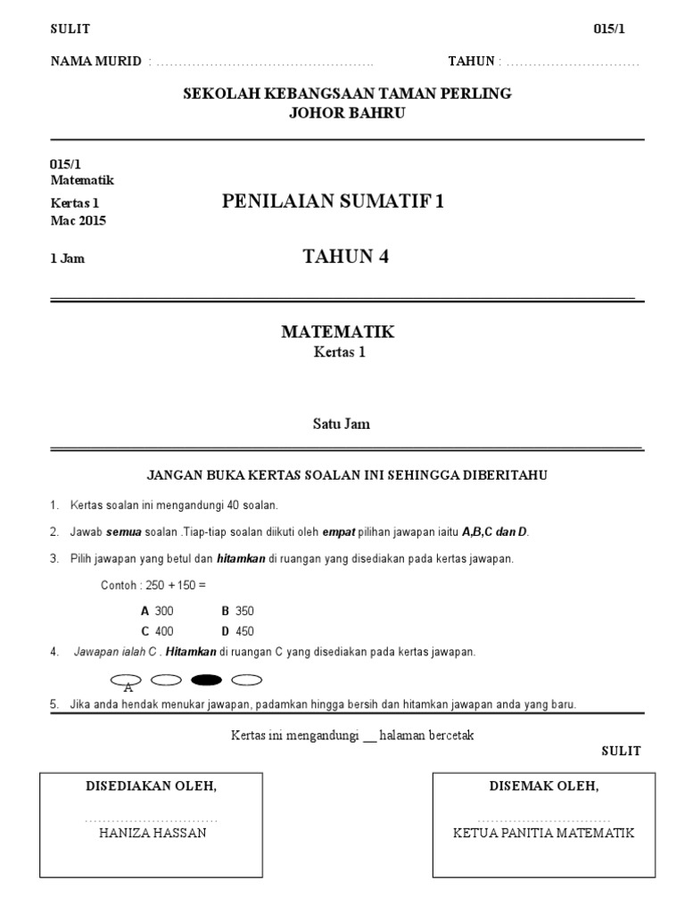 Matematik Kertas 1 Tahun 4 Pdf