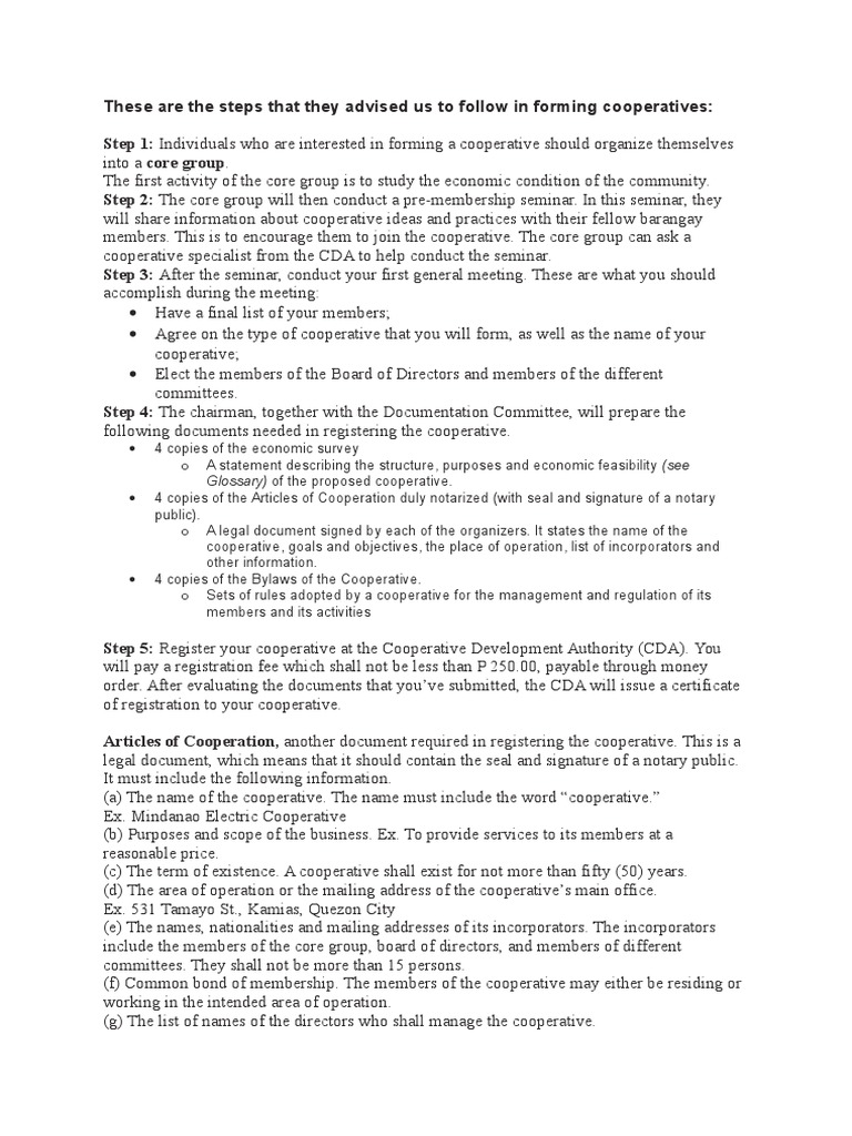 Steps In Cooperative Formation Pdf Board Of Directors Notary Public