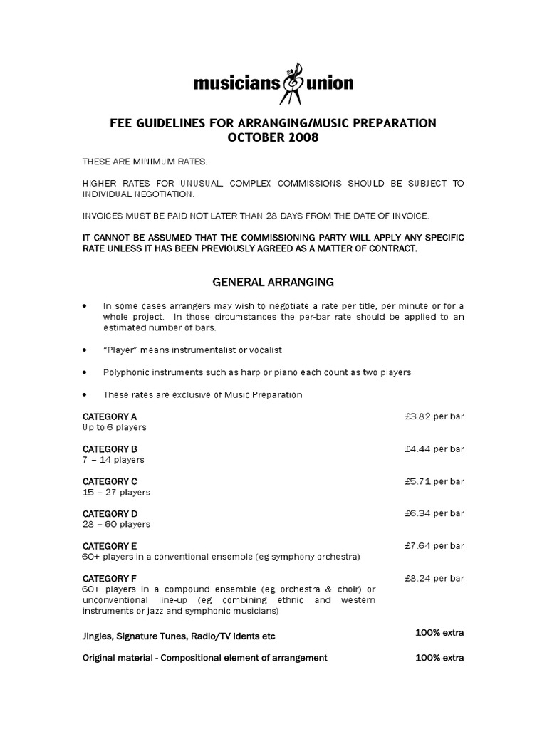 MU Fee Guidelines for Arranging Rates | PDF | Orchestras | Performing Arts