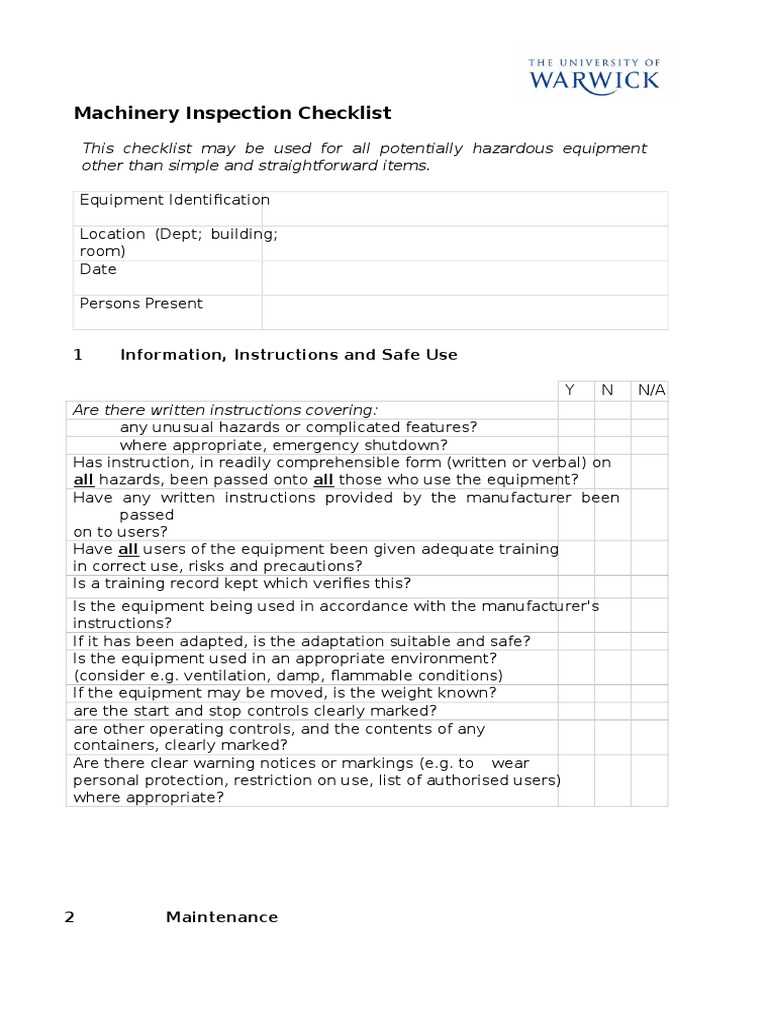 Machinery Inspection Checklist | PDF | Safety | Hazards