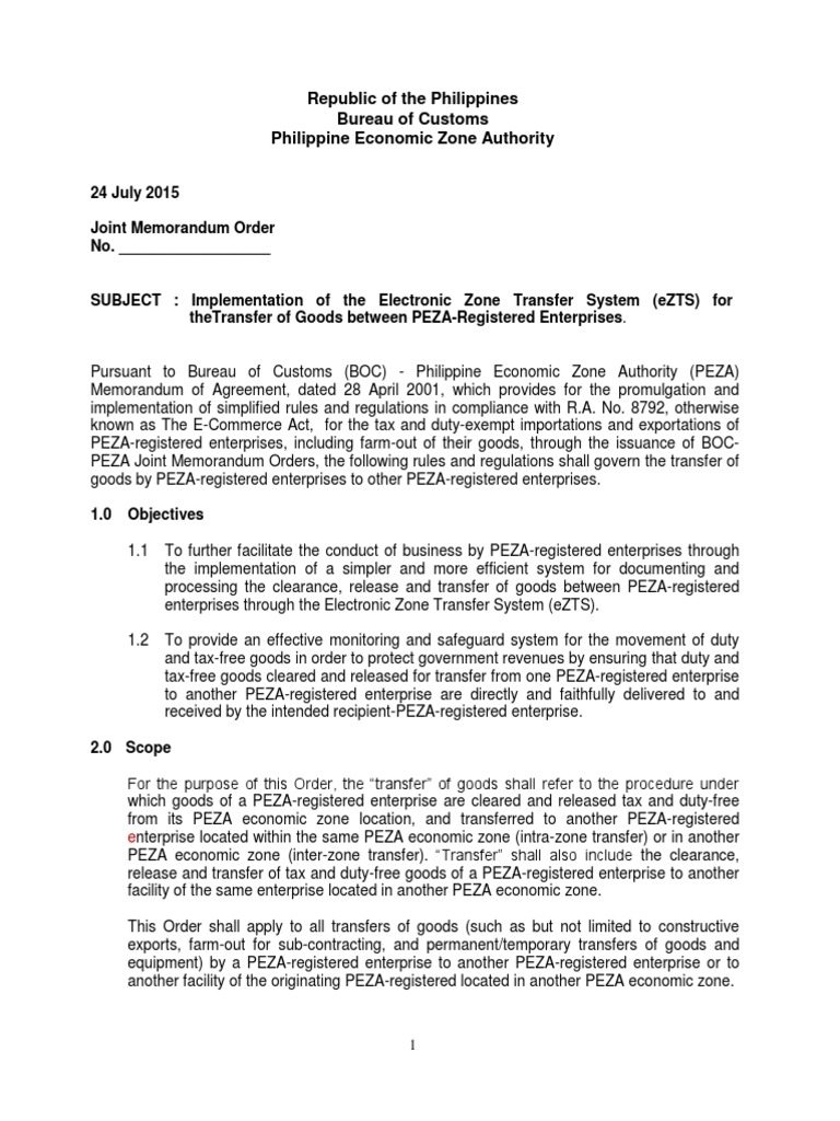 BOC-PEZA Joint Order On Electronic Zone Transfer System | PDF | Customs ...