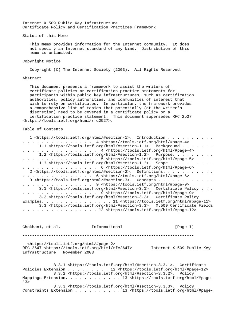 RFC 3647 X.509 Public Key Infrastructure Certificate Policy and Certification
