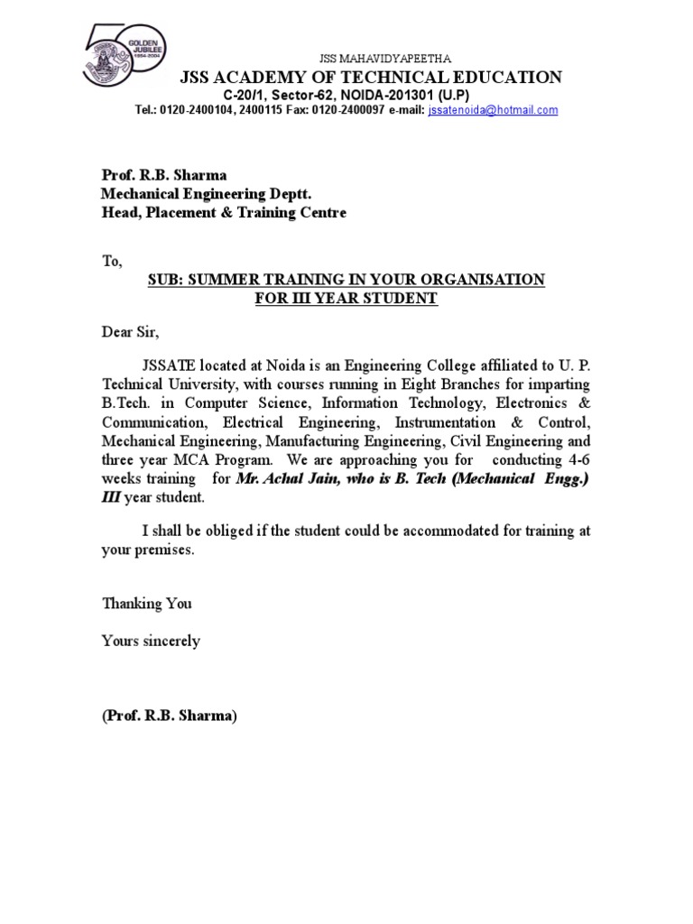 application letter for in service training