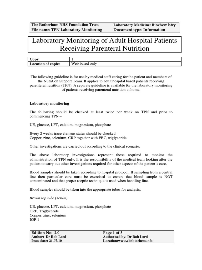 TPN Laboratory Monitoring Guidelines | PDF | Hyperglycemia | Hypoglycemia