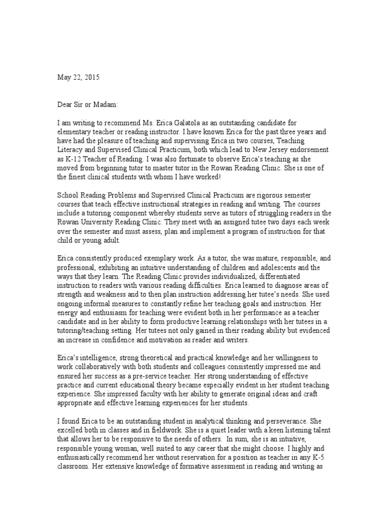 Recommendation for Erica Galatola, Teacher | PDF | Tutor | Teachers