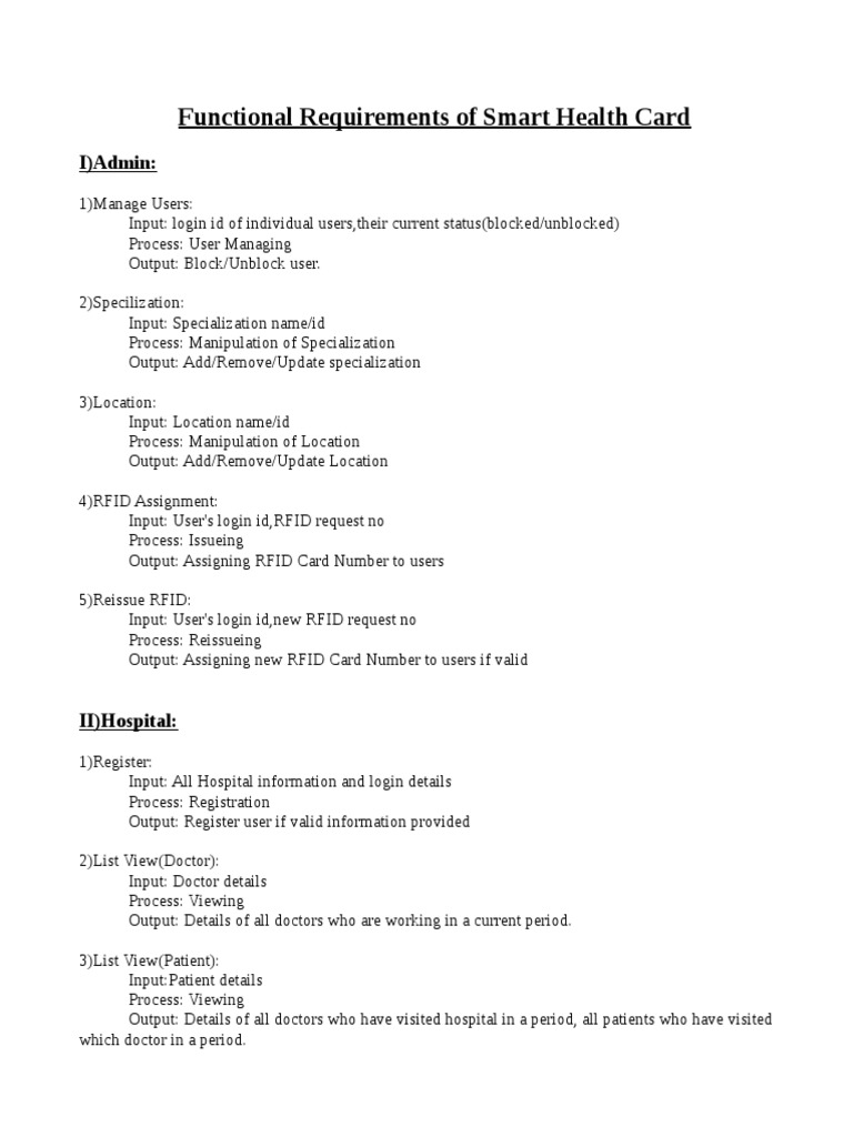 Functional Requirements of Smart Health Card: I) Admin | PDF | Radio ...