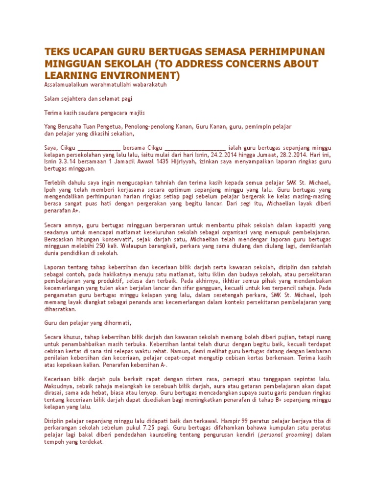 Teks Ucapan Guru Bertugas Semasa Perhimpunan Mingguan Sekolah Pdf