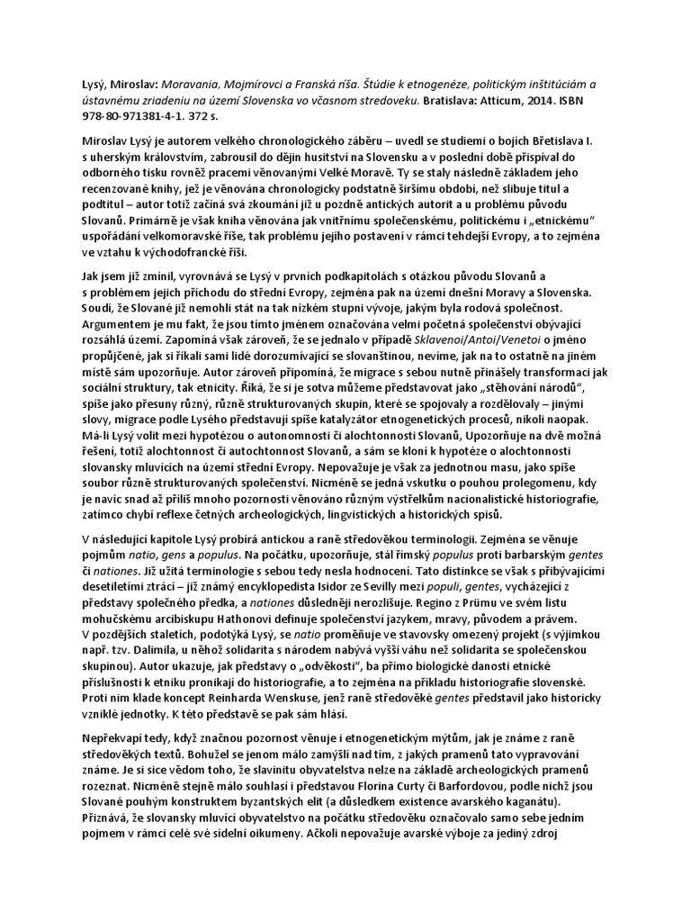 Lysý Moravania Mojmírovci A Franská Ríša Rec | PDF