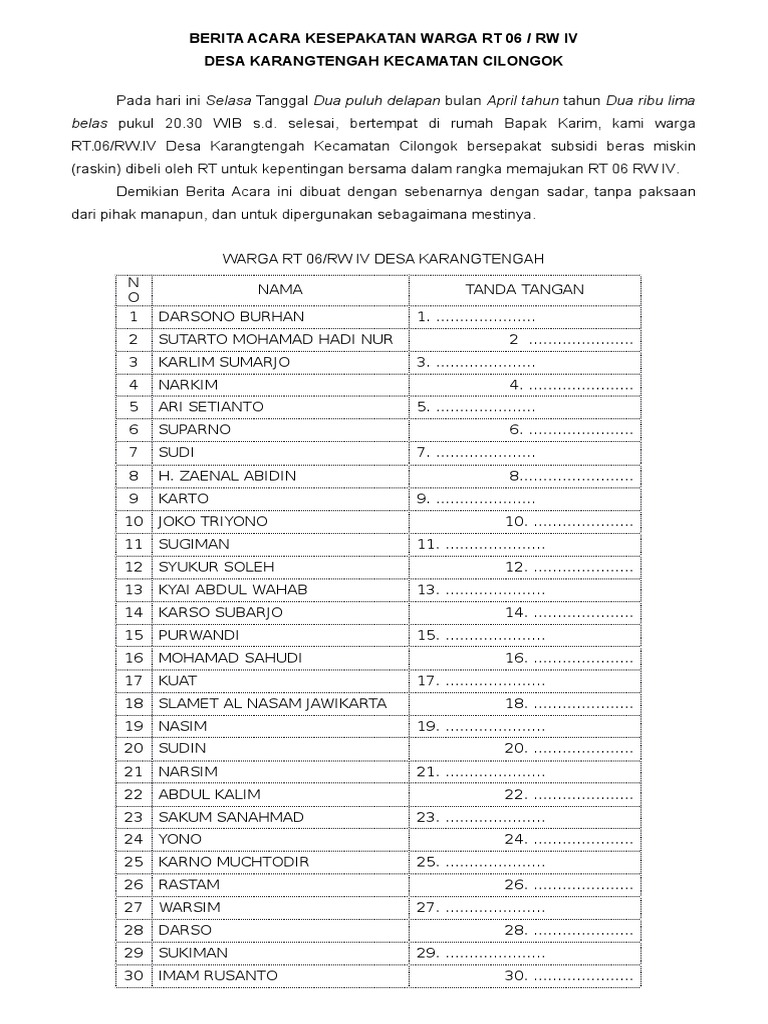 Berita Acara Kesepakatan Warga Rt 06
