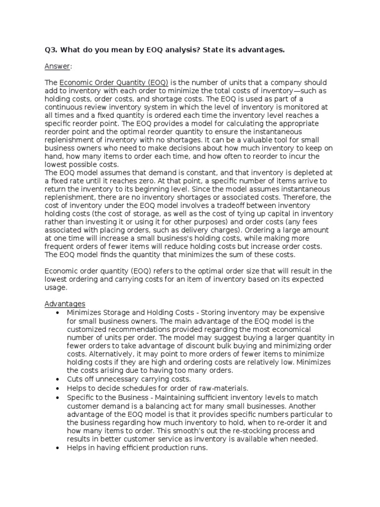 Answer Q3. What Do You Mean by EOQ Analysis? State Its Advantages