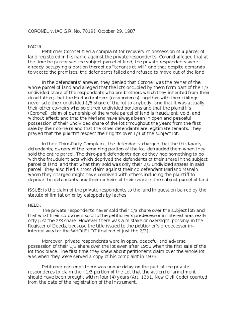 Coronel V Iac PDF Laches (Equity) Common Law