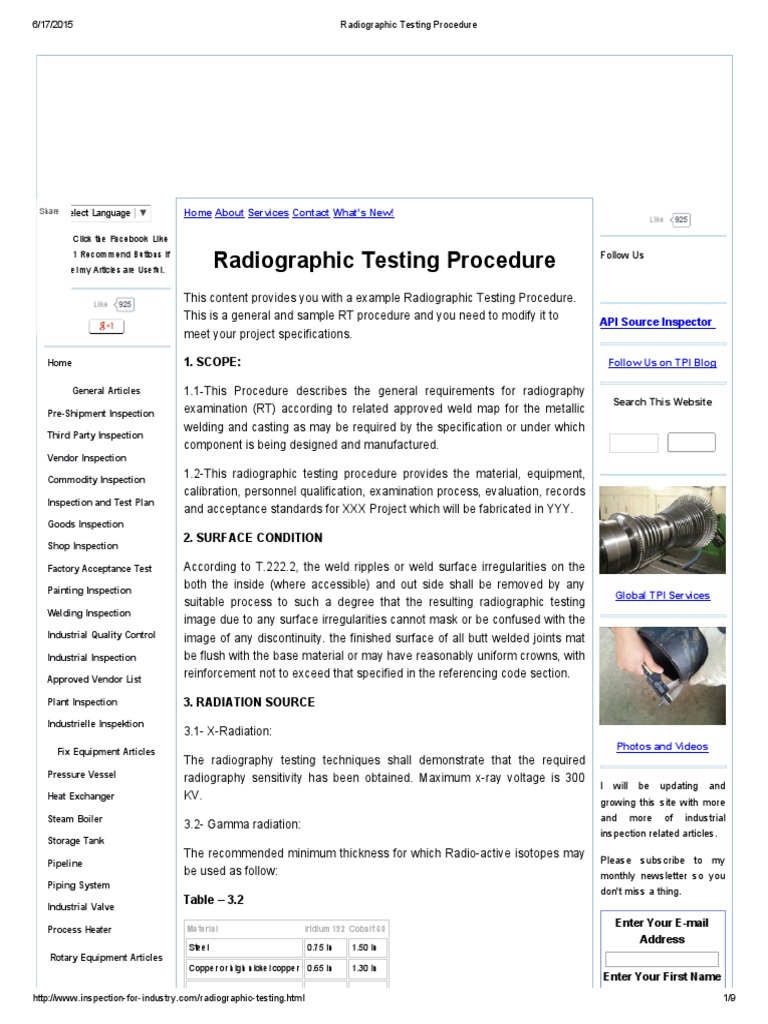 Radiographic Testing Procedure Overview | PDF | Radiography | Welding