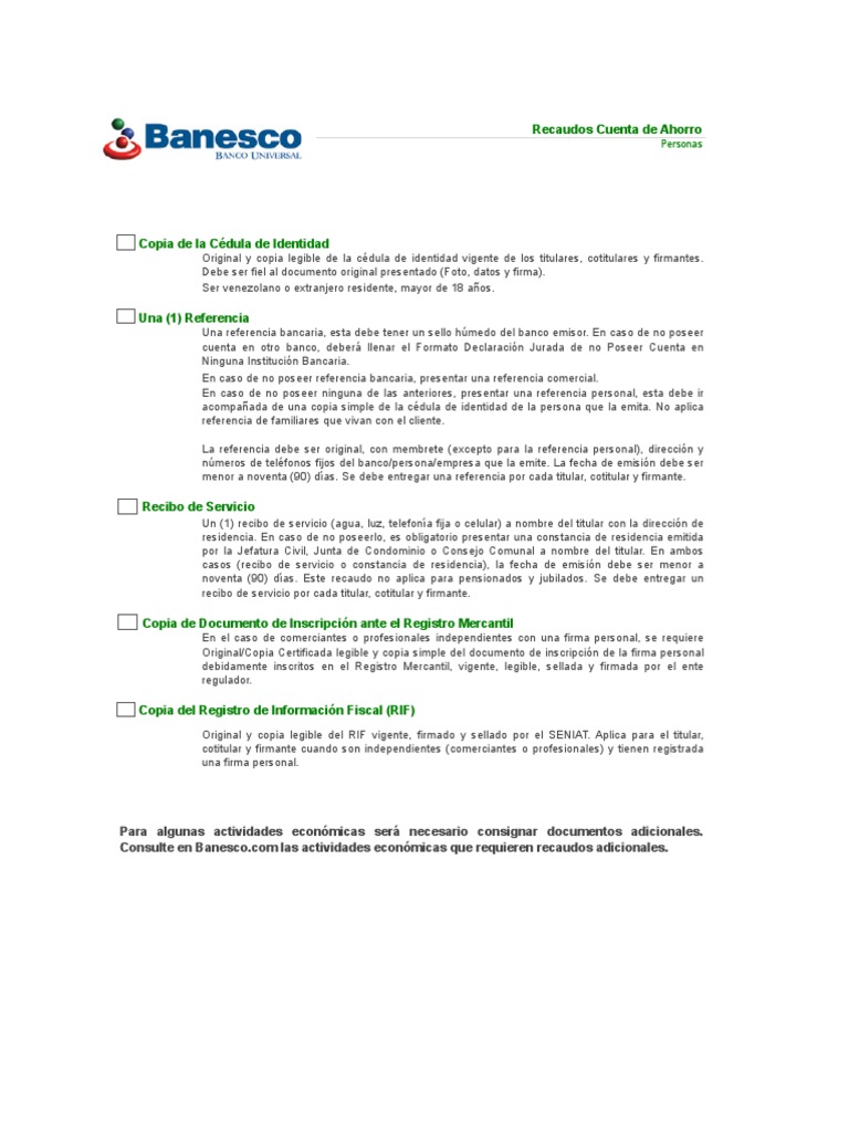 Cuenta de Ahorro Requisitos Banesco | PDF