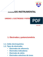 La potenciometría es una técnica electroanalítica con la que se puede determinar la concentración de una especie electroactiva en una disolución empleando un electrodo de referencia (un electrodo con un potencial conocido y constante con el tiempo) y un electrodo de trabajo (un electrodo sensible a la especie electroactiva) y un potenciómetro.  Existen electrodos de trabajo de distinto tipo útiles para distintos cationes o aniones. Cada vez son más usados los electrodos selectivos de iones (ESI) o electrodos de membrana. Uno de los más empleados, que se comenzó a utilizar a principios del siglo XX, es el electrodo de pH (un electrodo de vidrio). Tipos de electrodos:      Electrodo metálico     Electrodo de membrana cristalina     Electrodo de vidrio     Electrodo de membrana líquida     Electrodo de membrana polimérica  También existen diferentes tipos de electrodos Indicadores:  - Electrodos de Membrana:      Vidrio     Membrana Líquida     Membrana Cristalina     Gases  - Electrodos 