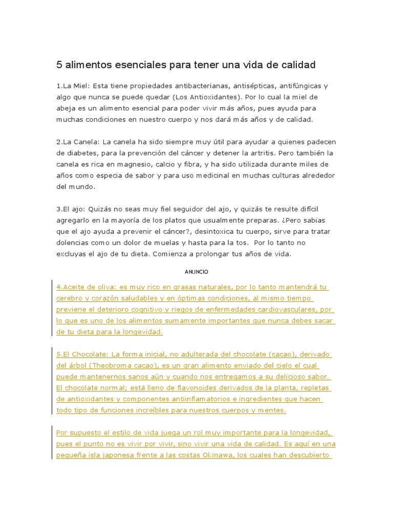 5 Alimentos Esenciales para Tener Una Vida de Calidad | PDF ...
