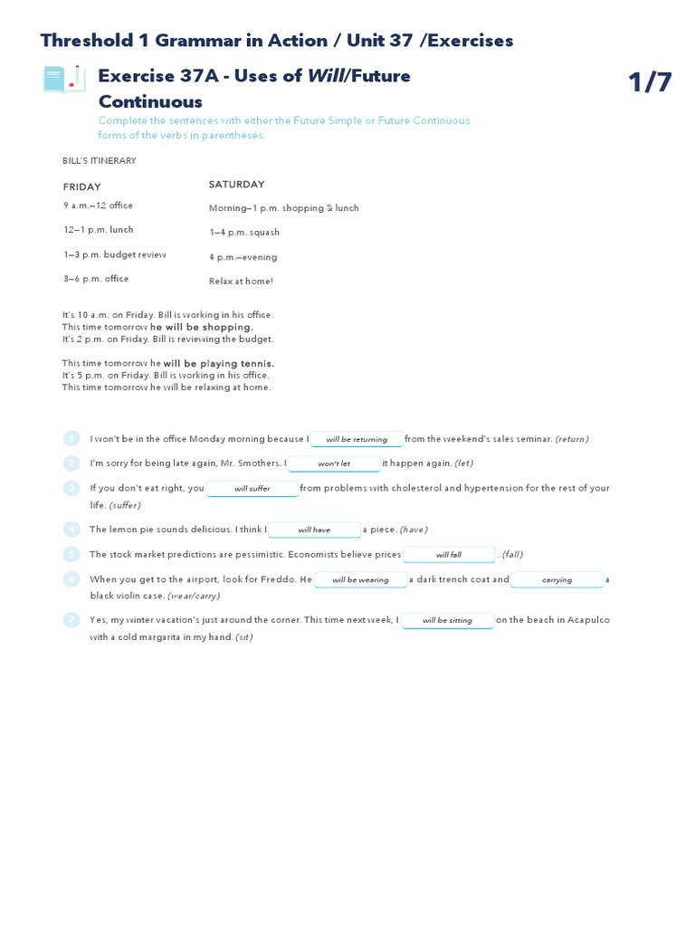 Will/Future Continuous Threshold 1 Grammar in Action / Unit 37 ...