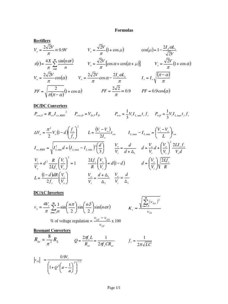 Exam Formula Sheet for Electronics | PDF
