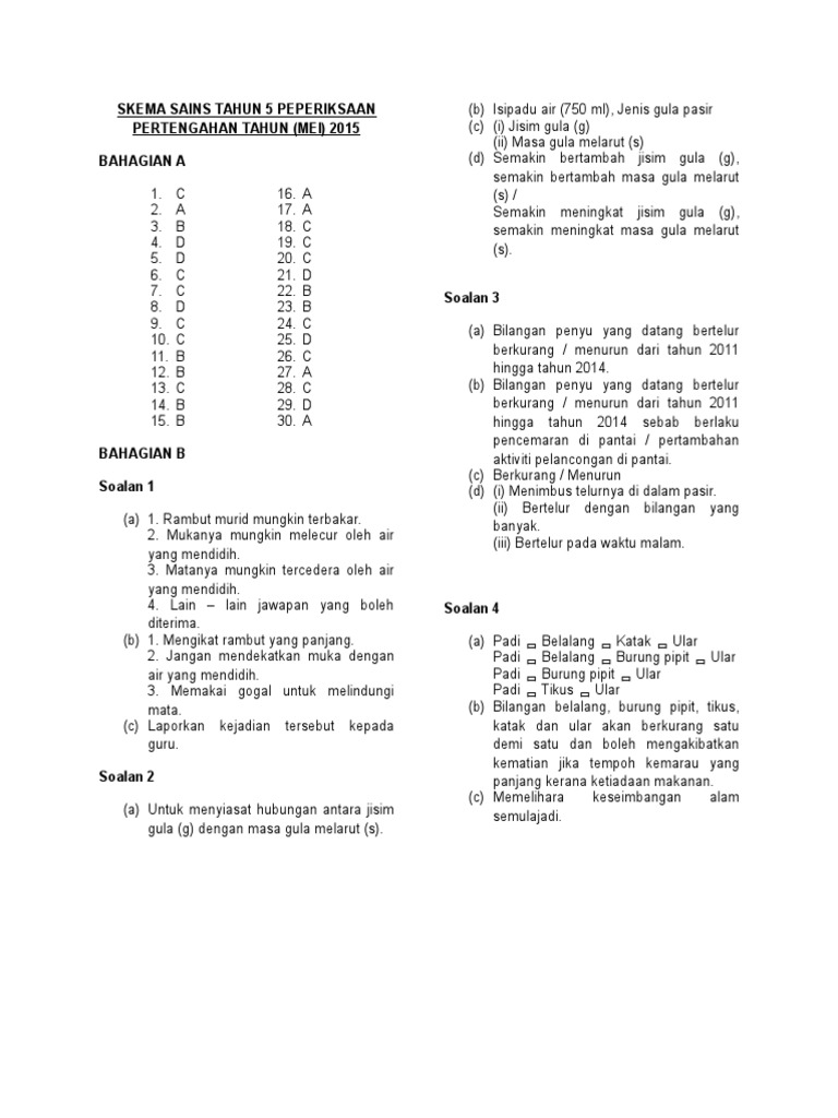 Skema Sains Tahun 5 Peperiksaan Pertengahan Tahun Pdf