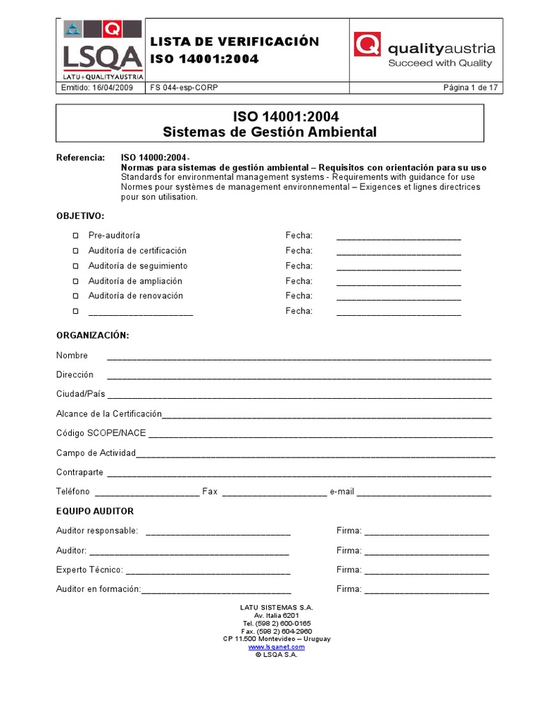 FS044 Lista de Verificacion ISO 14001 | PDF | Degradación ambiental ...