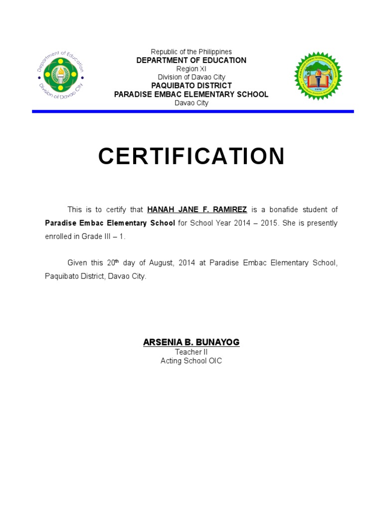 Certification of Student Enrollment 2014 | PDF