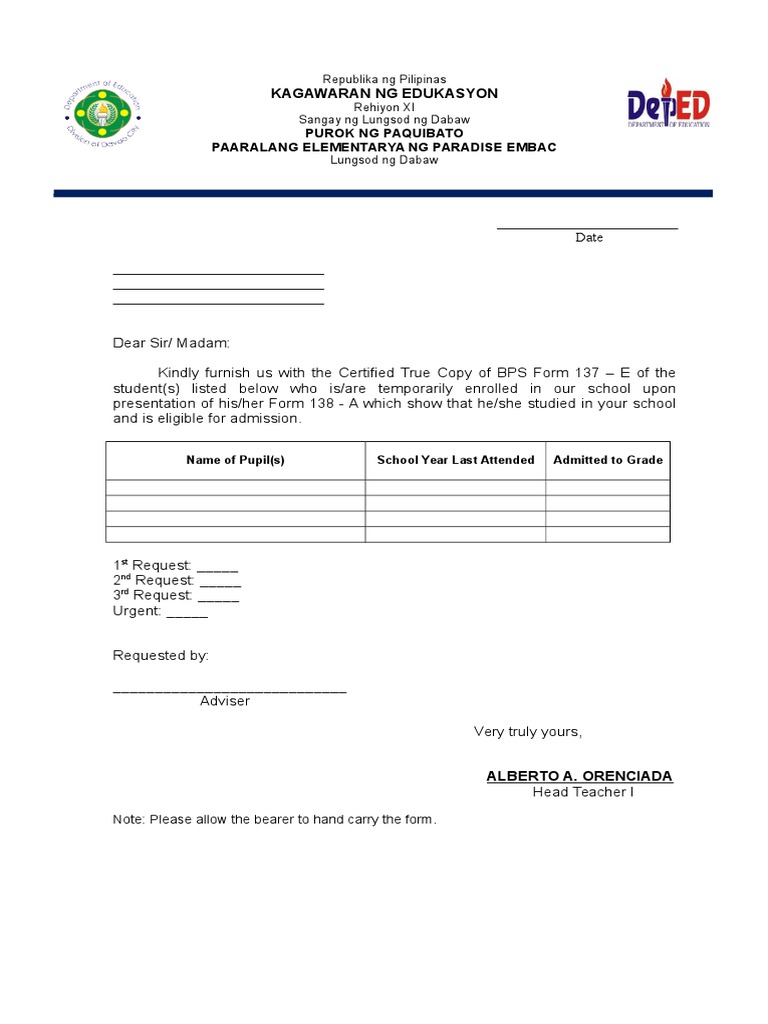 Request for Form 137 Certification | PDF