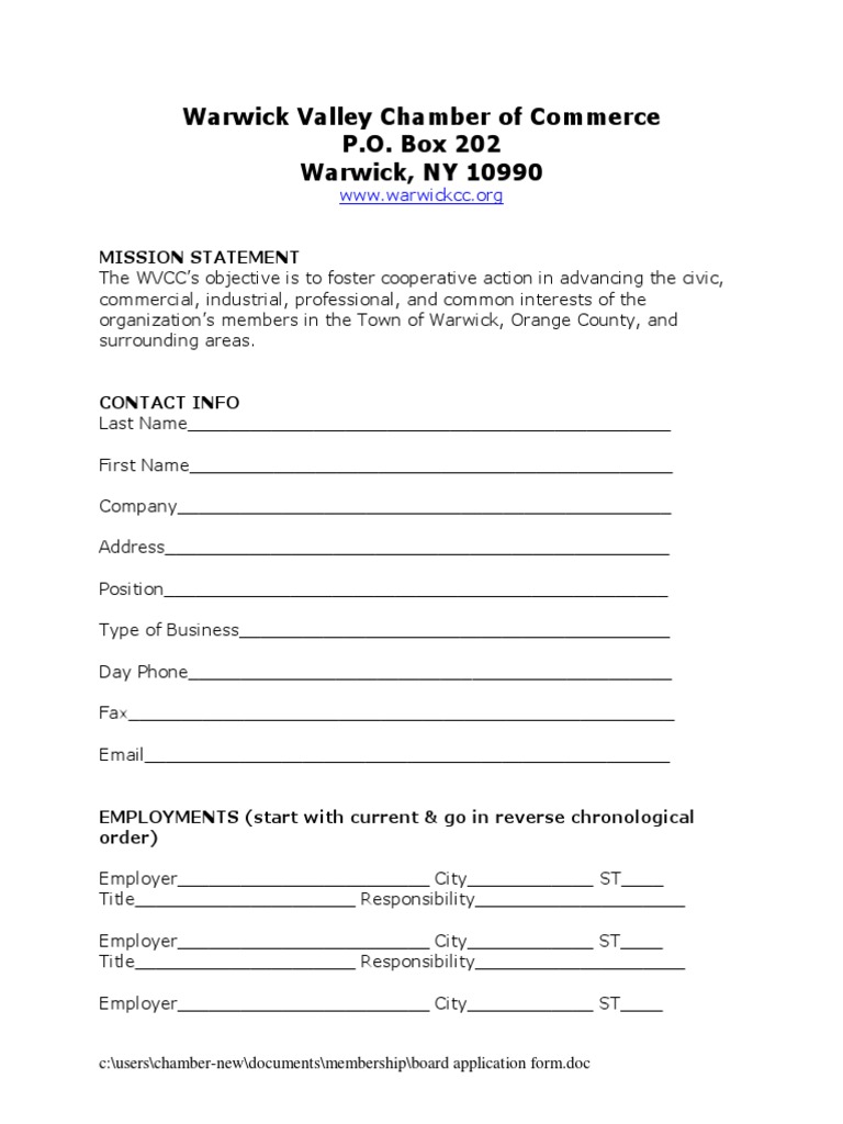WVCC Board Application Form | PDF | Business