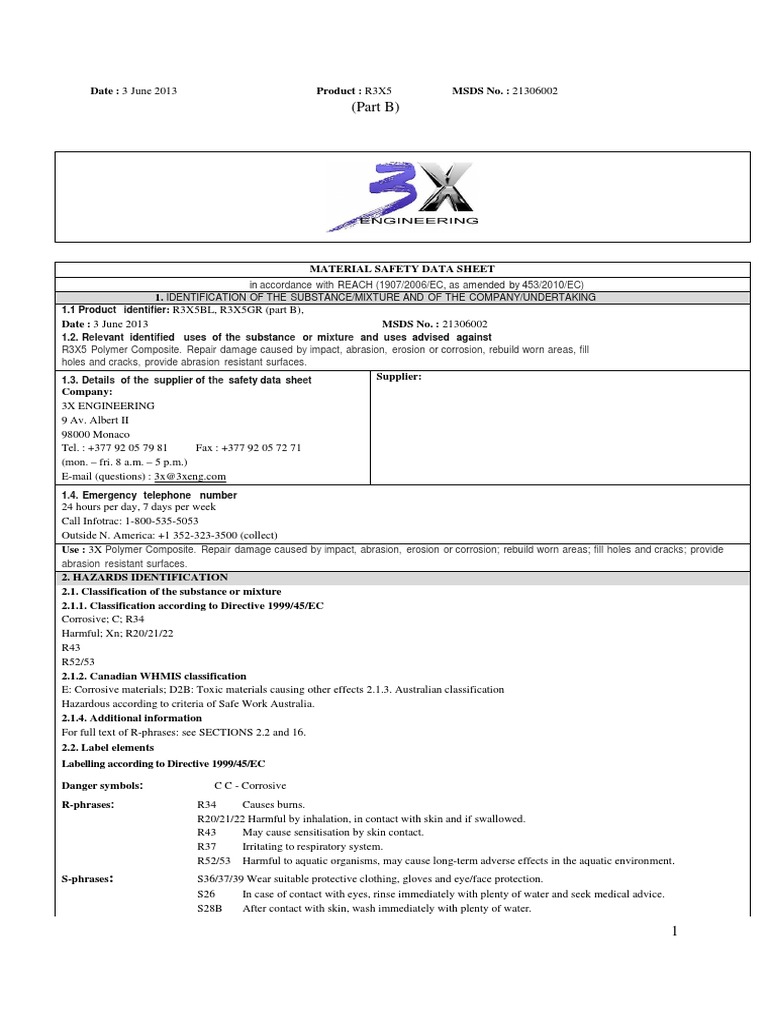 Resin R3X5 - Material Safety Data Sheet - Part B | PDF | Dangerous ...